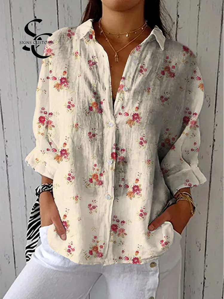 Women's Lovely Floral Art Print Casual Cotton Linen V-neck Shirt