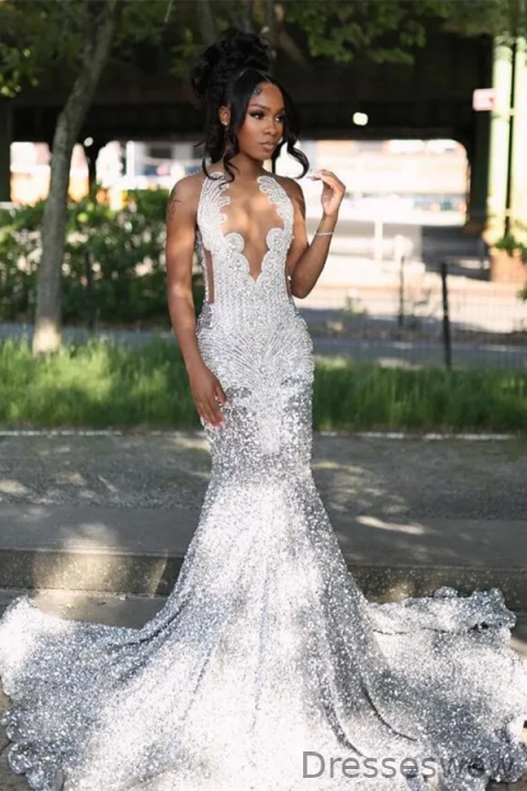 Dresseswow Silver Sequins Mermaid Prom Dress Sleeveless With Beadings