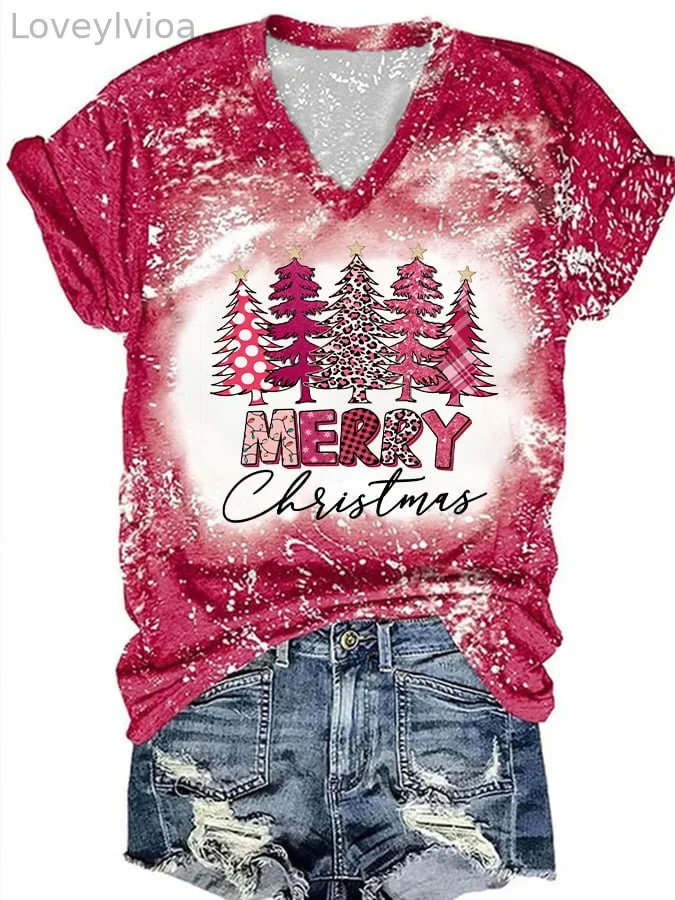 Women's   Christmas TreePrint V-Neck   T-Shirt