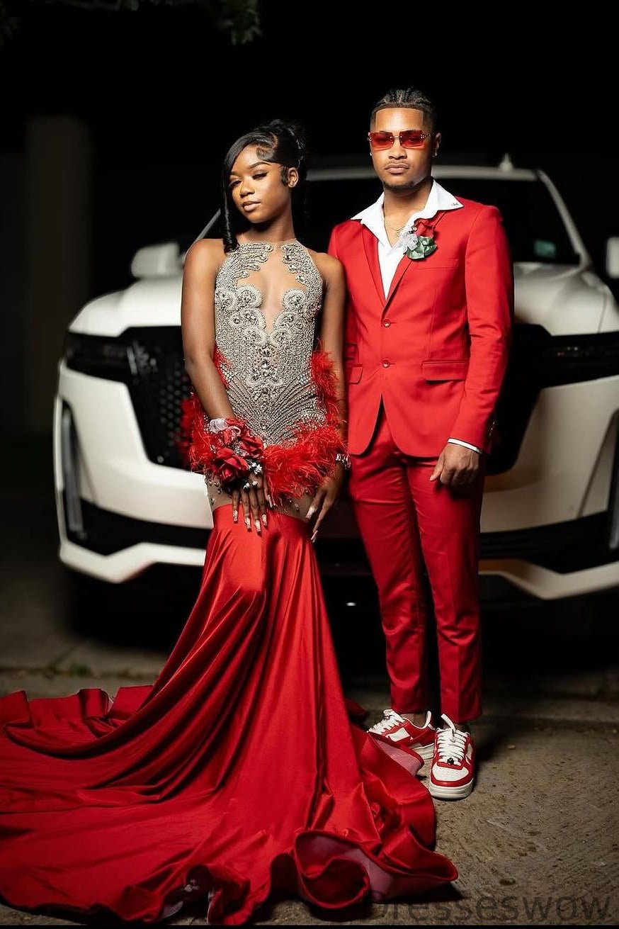 Dresseswow Red Sleeveless Beadings Prom Dress Mermaid Long With Feather