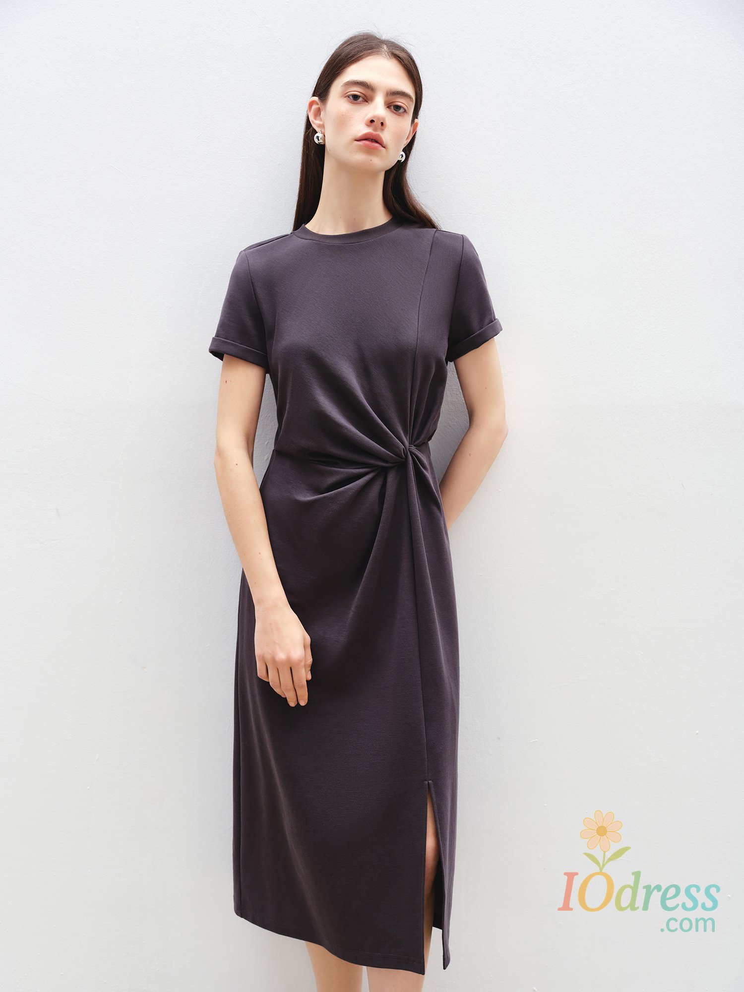 IO Dress ZIQIAO Women Solid Long Dress 2025 Summer New Casual Round Neck T-Shirt Dresses Grey Short Sleeve X-LINE Dress 25ZQ92026
