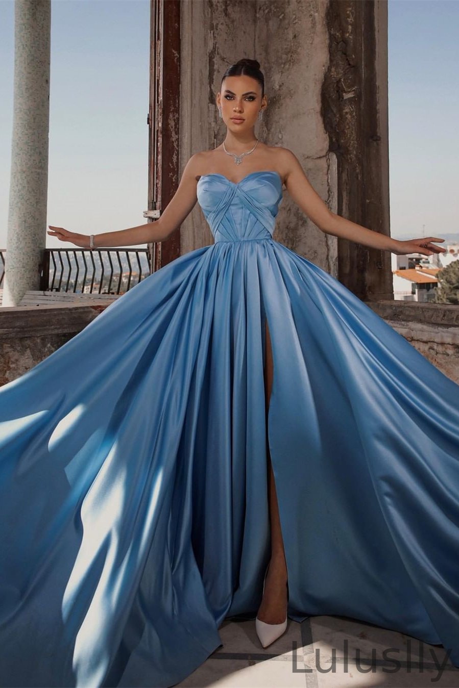 Luluslly Dusty Blue Sweetheart Long Prom Dress Split Online