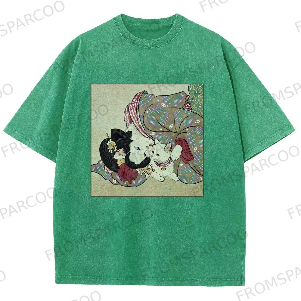 Cat Lady Printed Washed Vintage Short Sleeves T-Shirt