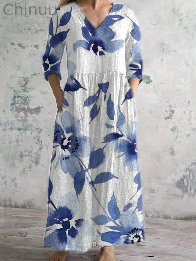 Women's Elegant Sleeve and Geo Print V-Neck Dress