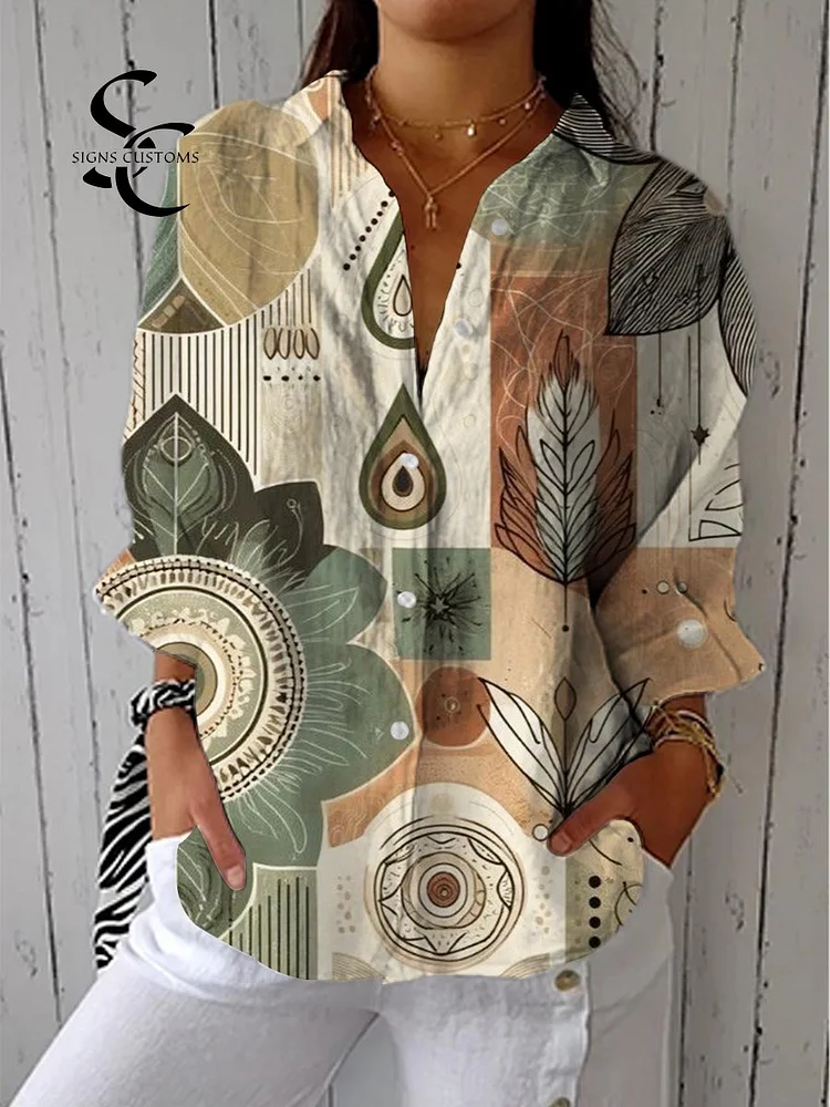 Women's Vintage Art Flower Print Casual Linen V-neck Shirt