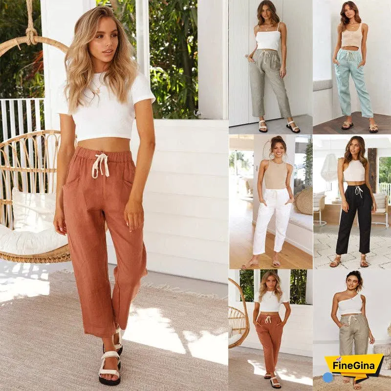 Solid Color Linen Casual Fit Ladies Pants SKP0111