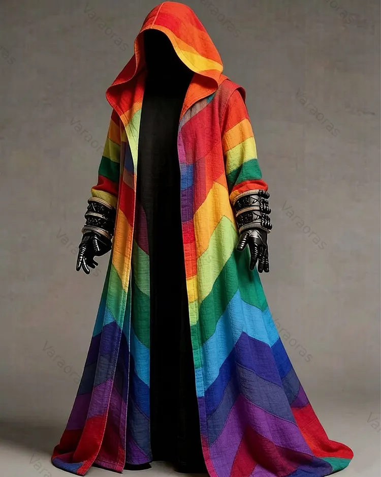 Men's Fashion Rainbow-Colored Linen Hooded Cape 7906