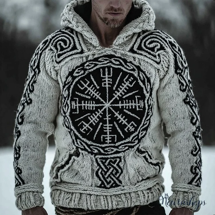 Men's Viking Compass Celtic Chunky Knit Hooded Sweater