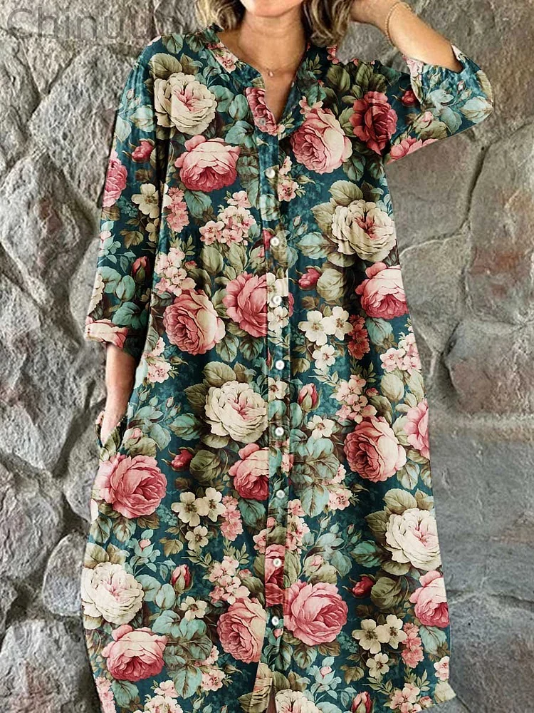 Women's Rose Floral Print Elegant Simple Cotton Shirt Dress