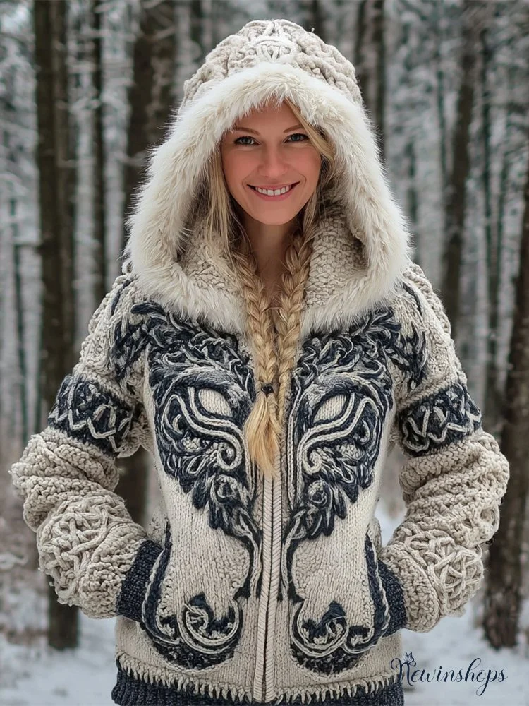 Viking Wolf Face Totem Women's Full-zip Fur-trimmed Hooded Sweater
