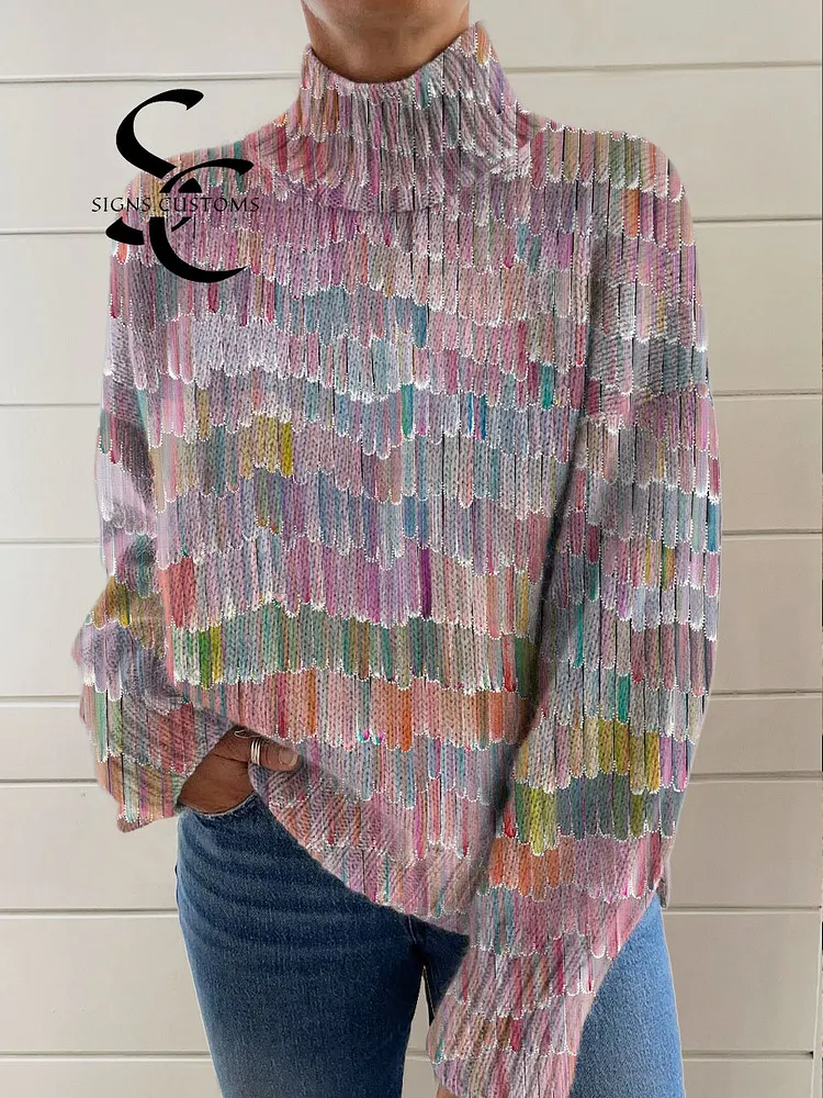 Vintage Vintage Art Abstract Patterns Print Knit Turtleneck Pullover Sweater