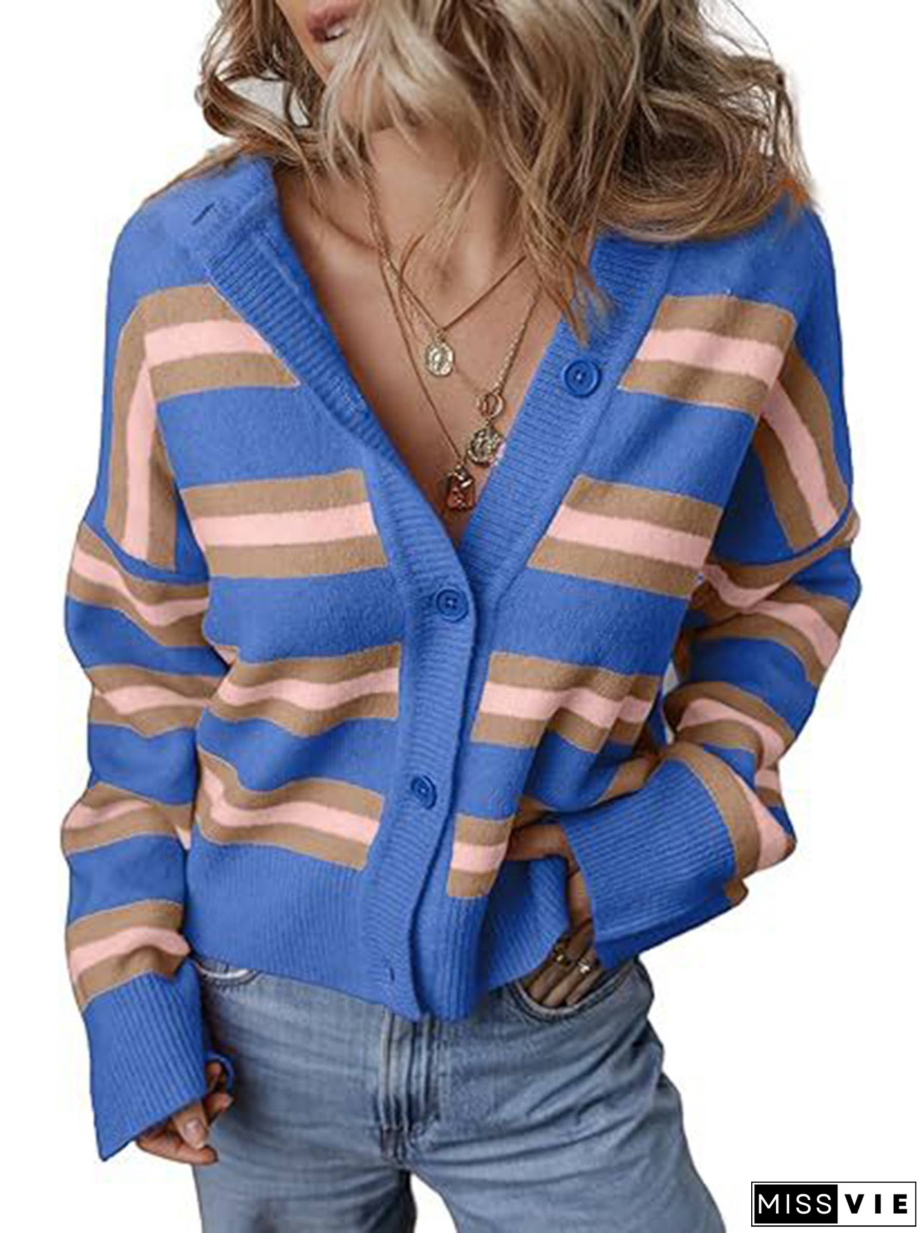 Striped Color Blocked Knitted Cardigan