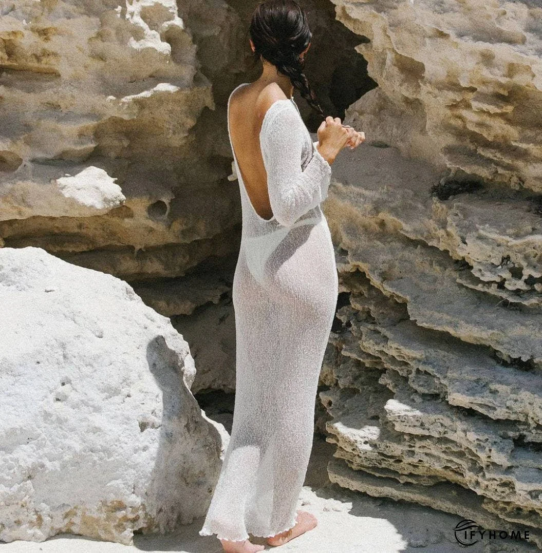 Ladies See Sheer Backless Knit Maxi Dress Beach Cover 1226 | IFYHOME