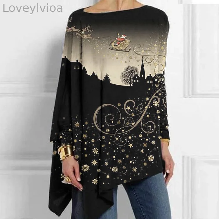 Christmas City Printed Printed Mid-Length Irregular Women's Tops