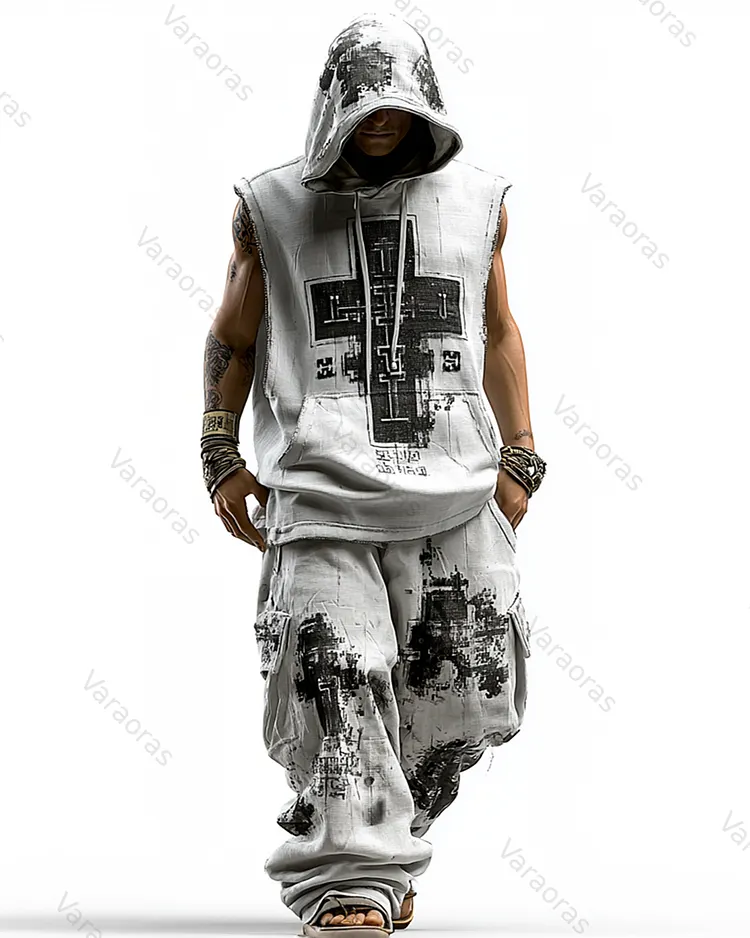 Men's Viking Color-Block Linen Sleeveless Hooded Top and Pants Two-Piece Set 6031