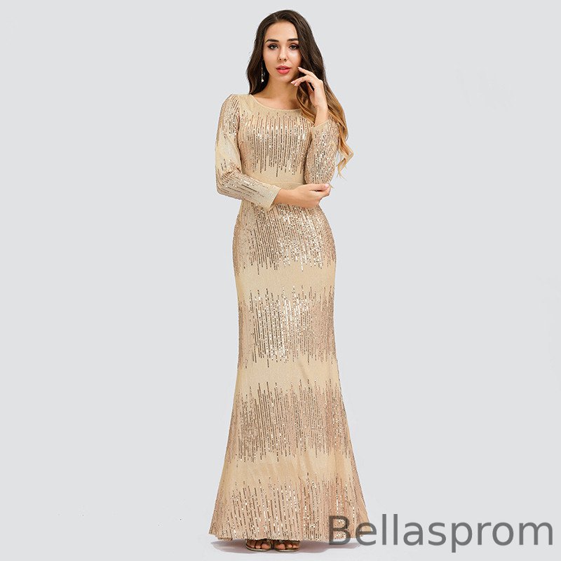 Bellasprom Prom Dress Mermaid Sequins Evening Gowns On Sale Long Sleeve Bellasprom