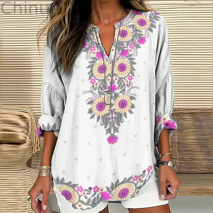 Stylish Ethnic Floral Print V-Neck Tops For Women