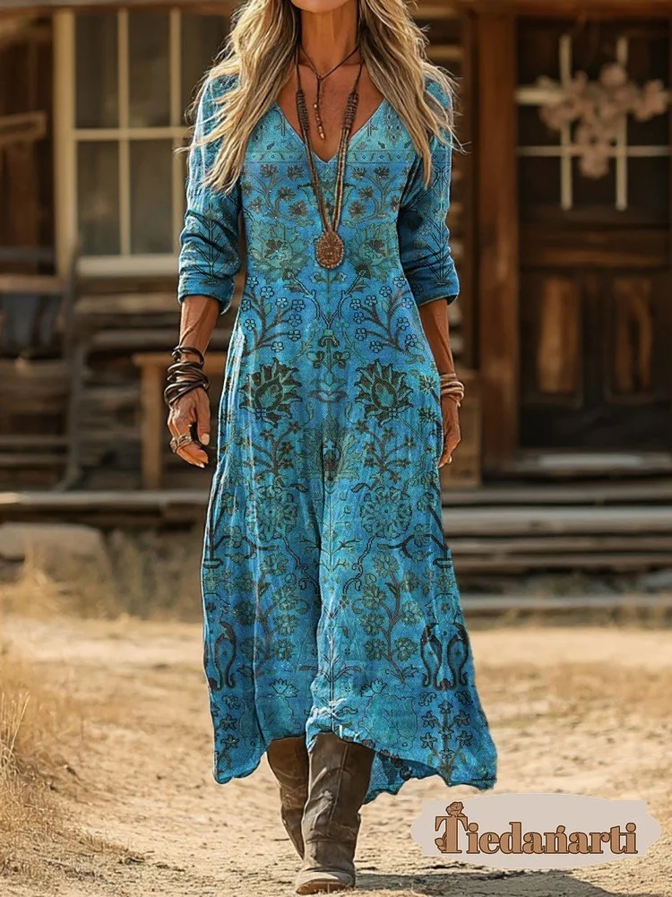 Women's Vintage Ethnic Blue Floral Totem Art Print Pocket Cotton V-Neck Long-Sleeve Dress