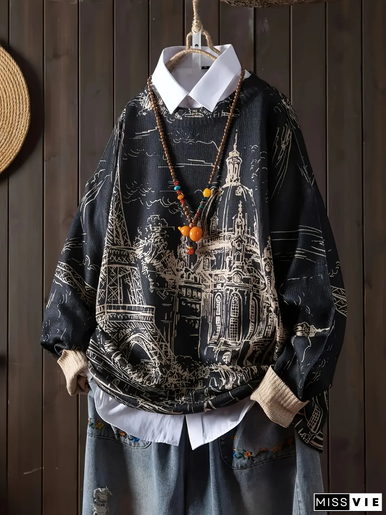 Womens Elegant Paris Eiffel Tower Print Sweater Black White Design Crew neck long sleeve