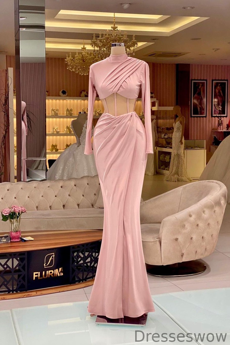 Dresseswow Dusty Pink High Neck Long Sleeves Mermaid Formal Dresses With Pleats On Sale