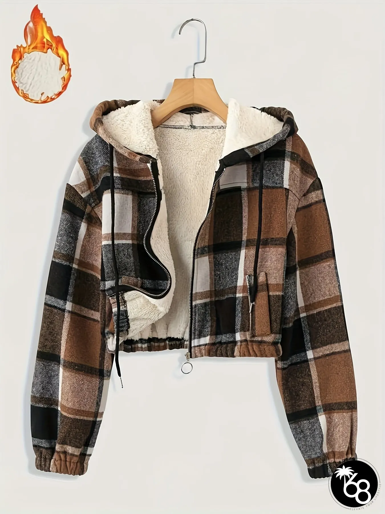 Womens Elegant BrownBlack Gray White Plaid Jacket Full-Zip Front Closure Machine Washable | 168DEAL