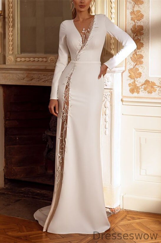 Dresseswow Long Sleeves Mermaid Satin Wedding Dress With Beadings