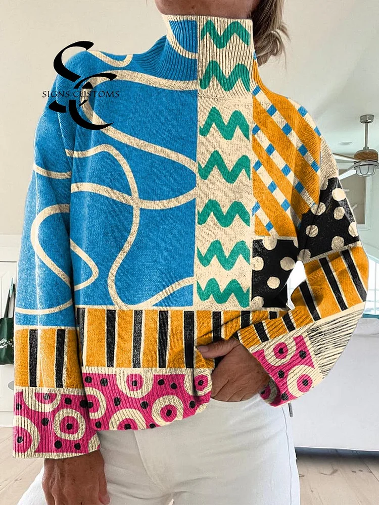 Women's Vintage Geometric Pattern Art Print Knit Turtleneck Pullover Sweater