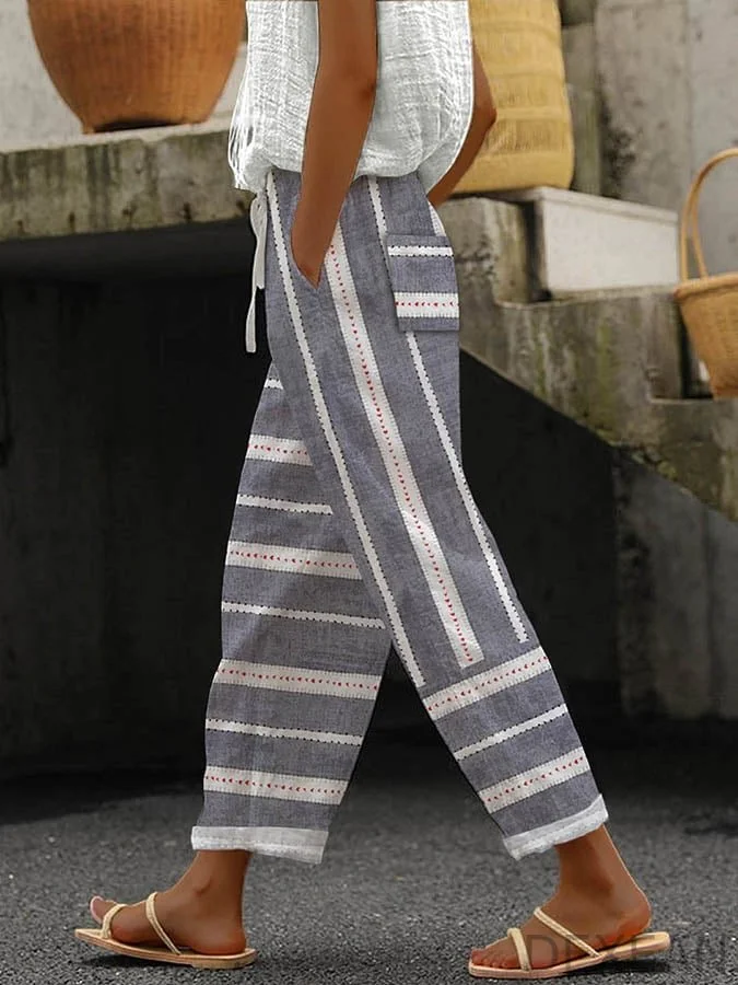 Women's Striped Design Printed Lace-Up Elastic Waist Loose Casual Pants