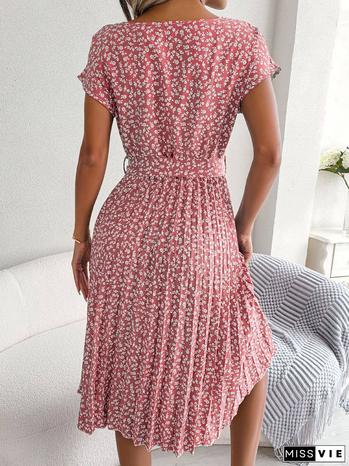 Ditsy Floral Pleated Belted Dress