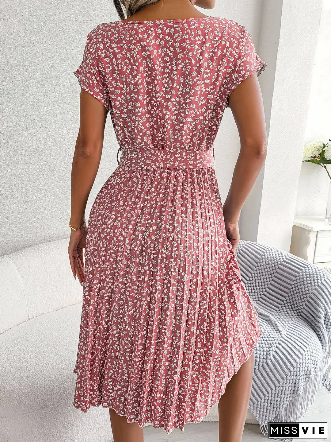 Ditsy Floral Pleated Belted Dress