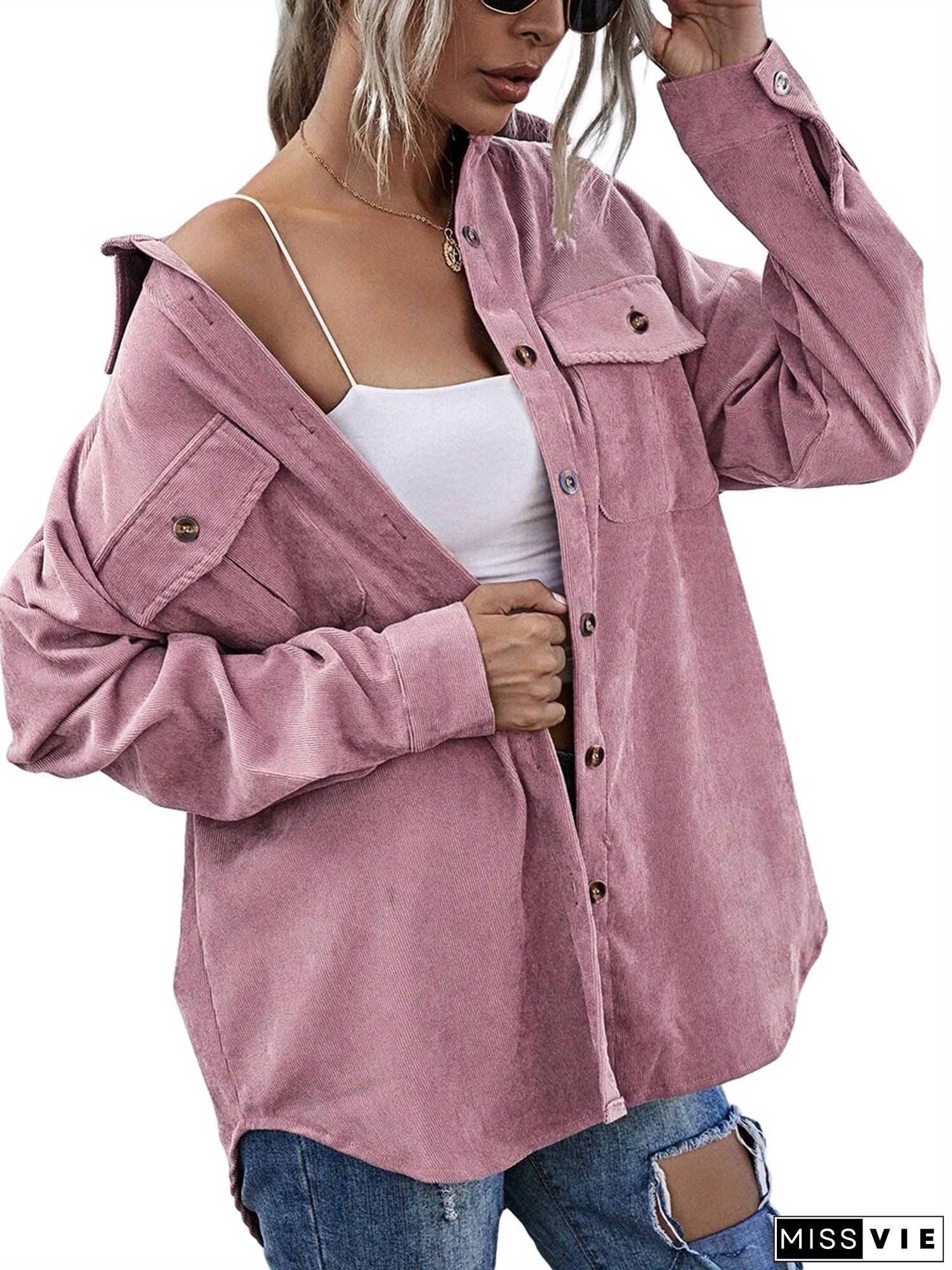 Women Corduroy Shirt Jacket, Adults Button- Solid Color Long Sleeve Lapel Outerwear with Pockets
