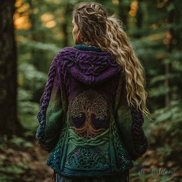 Women's Vintage Viking Tree Of Life Gradient Knit Zipper Cardigan Sweater