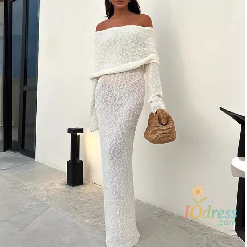 IO Dress 2025 Autumn Hot Sale New French Style Beach Dress Long Sleeve Knitted Off-Shoulder Dresses Winter Long Dress For Women