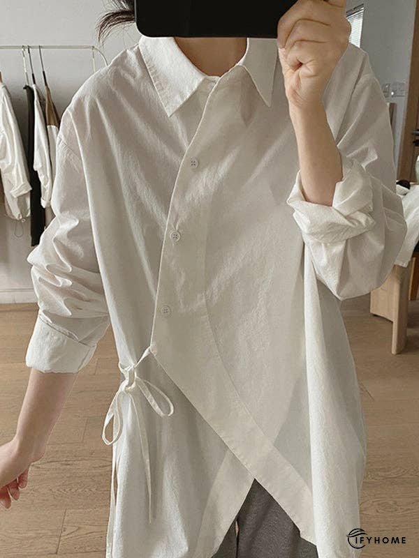 Loose Long Sleeves Frenum Solid Color Lapel Blouses | IFYHOME
