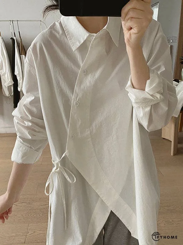 Loose Long Sleeves Frenum Solid Color Lapel Blouses | IFYHOME