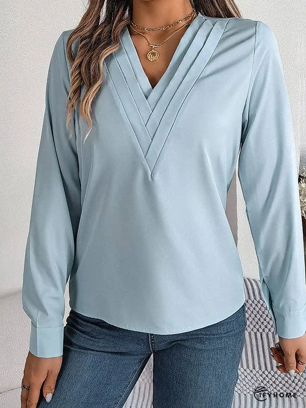 Long Sleeves Loose Pleated Solid Color Split-Joint V-Neck T-Shirts Tops | IFYHOME