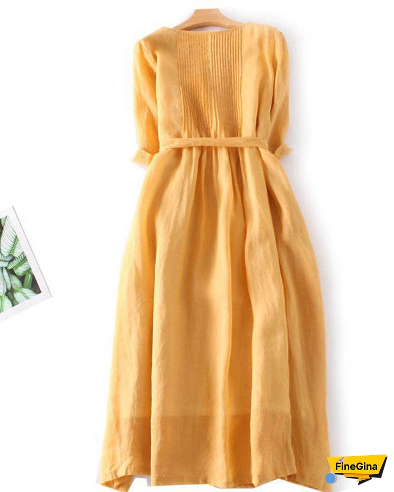 Loose Cotton Linen Tie Three Quarter Sleeve Dress