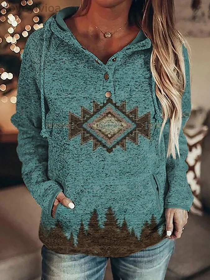 Vintage Western Print Hooded Long Sleeve Sweatshirt