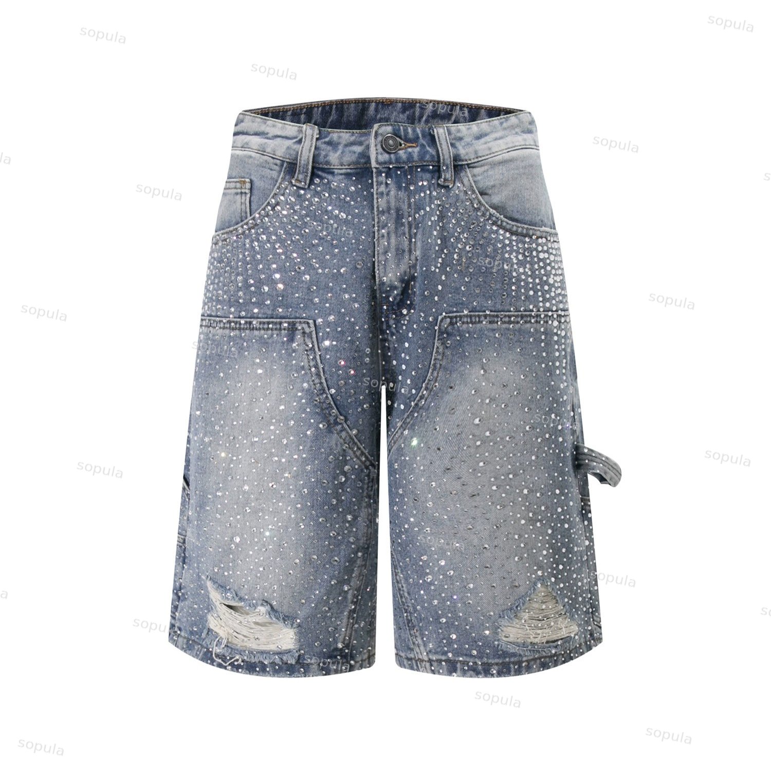 Hiphop Street Rhinestone Five-point Denim Shorts