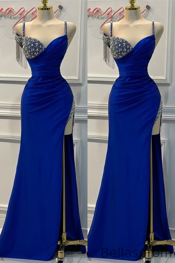 Bellasprom Royal Blue Sweetheart Sleeveless Mermaid Prom Dress With Split Beads Tassels Bellasprom