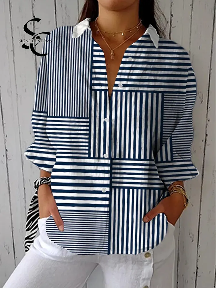 Women's Abstract Geometric Line Pattern Art Print Casual Cotton Linen V-neck Shirt