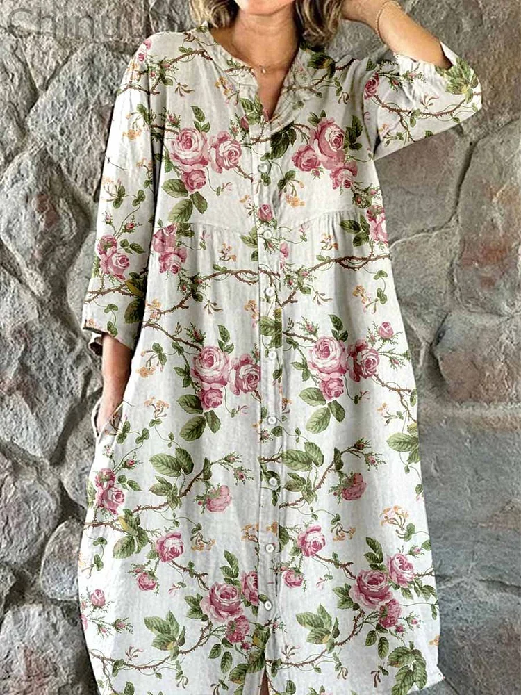 Women's Elegant Simple Rose Floral Stripe Pattern Cotton and Linen Shirt Dress