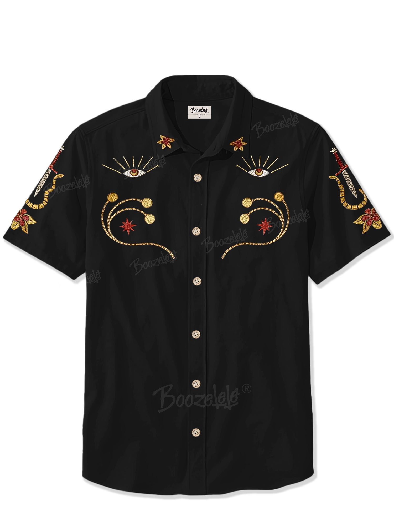 Western-Style Floral Print Short-Sleeved Shirt With Eye Motif &ndash; 100% Cotton Shirt