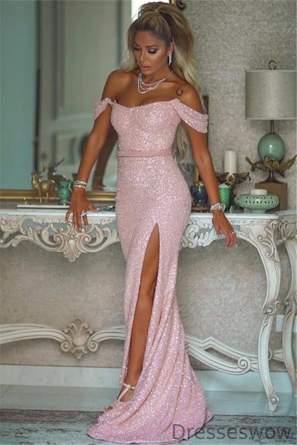 Dresseswow Off-the-Shoulder Pink Sequins Mermaid Prom Dress With Slit