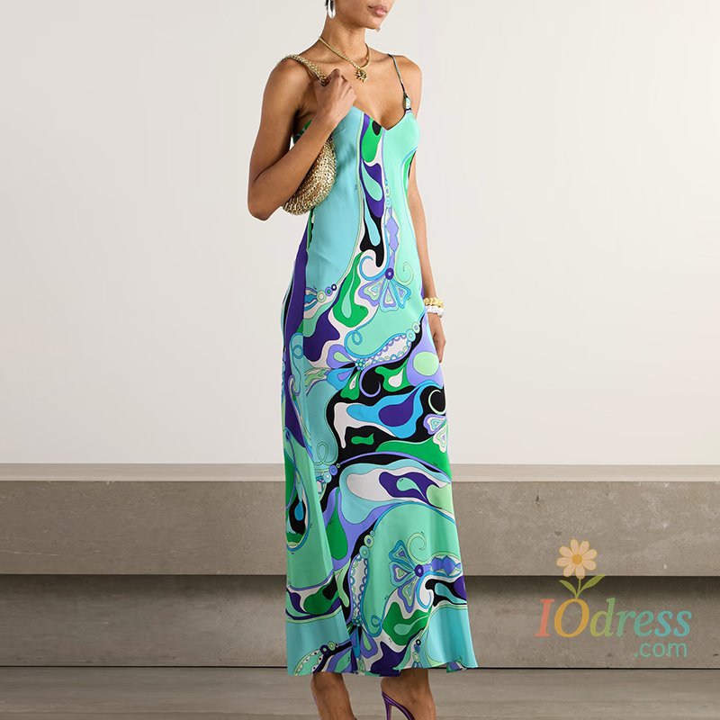IO Dress Bohemian Backless Hollow Out Vacation Dress Casual Camisole Sleeveless High Waisted Party Dress Side Split Slim Women Robe Dress IO Dress