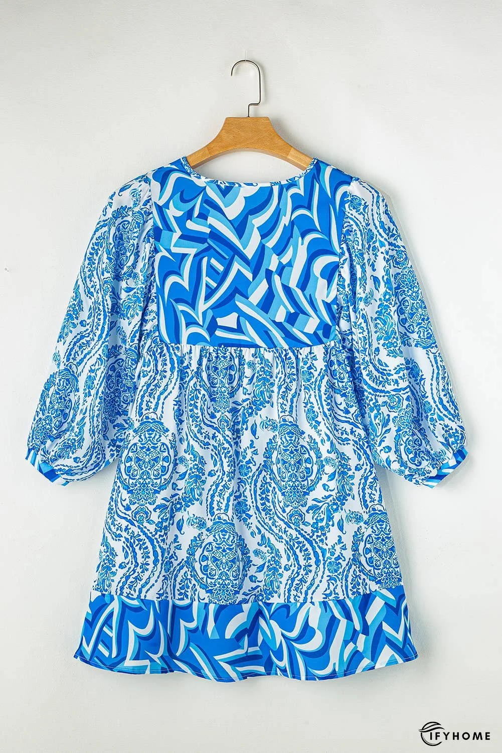 Bohemian Print Puff Sleeve Tied Flared Mini Dress | IFYHOME