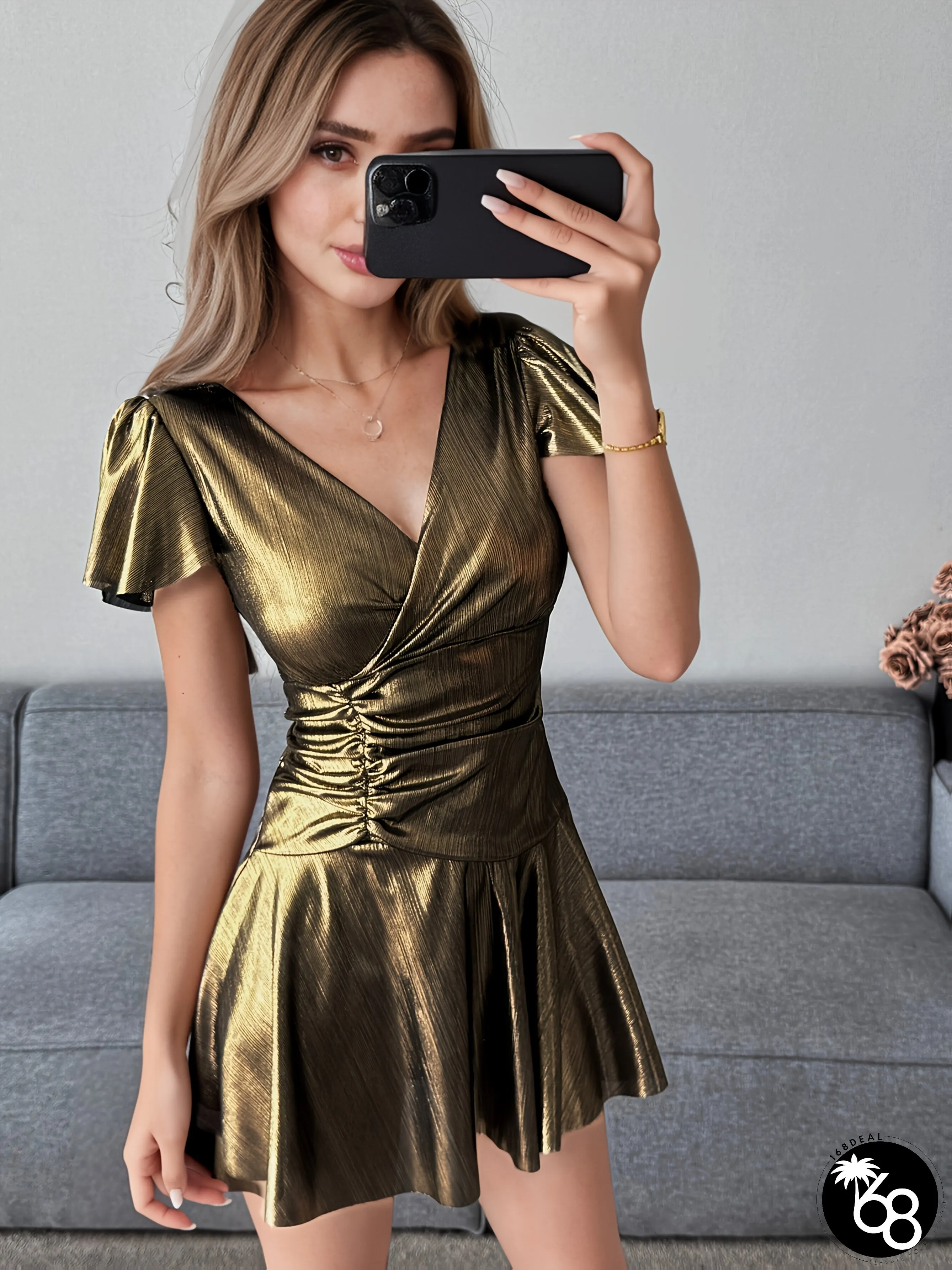 Chic V-Neck Ruched Bodycon Mini Dress With Ruffle Sleeves High-Waisted Flared Hem Golden | 168DEAL