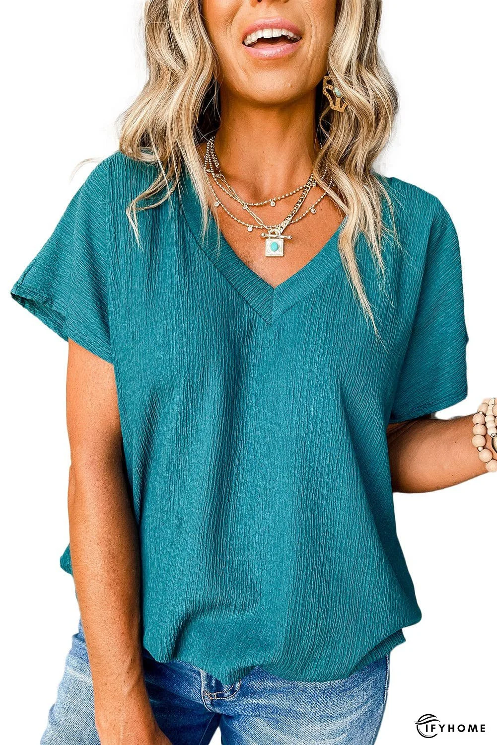 Bright Pink Basic Plain Textured V Neck Blouse | IFYHOME