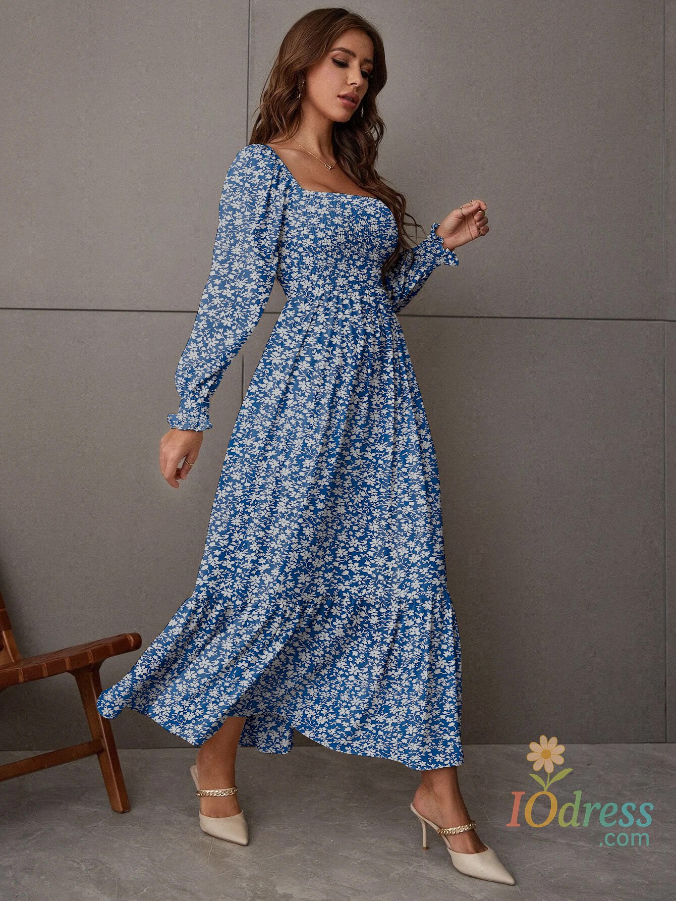 IO Dress Women's Ruched Ruffle Hem A Line Dress, Elegant Shirred Backless Long Dress for Spring and Fall Vacation Party Wedding Guest