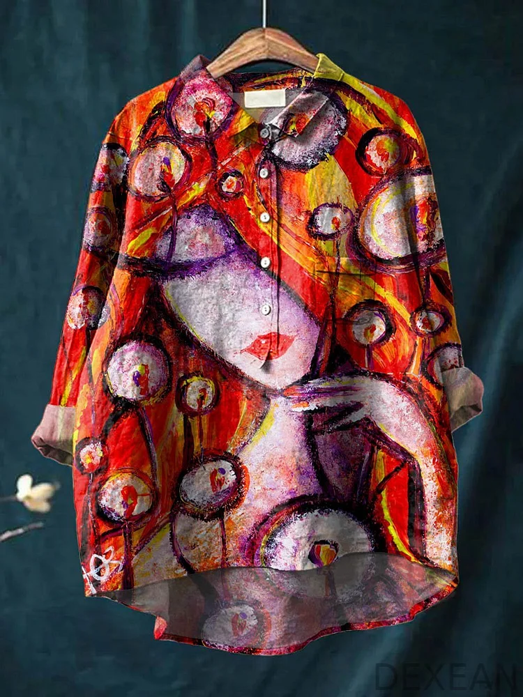 Vintage Lovely Abstract Figure Painting Art Print Casual Cotton And Linen Shirt